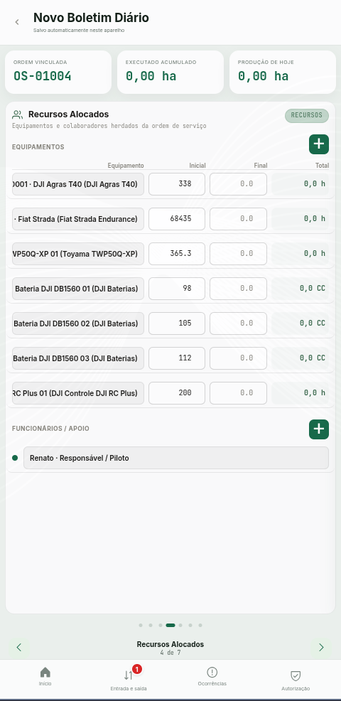 Boletim diário do app de campo com recursos alocados